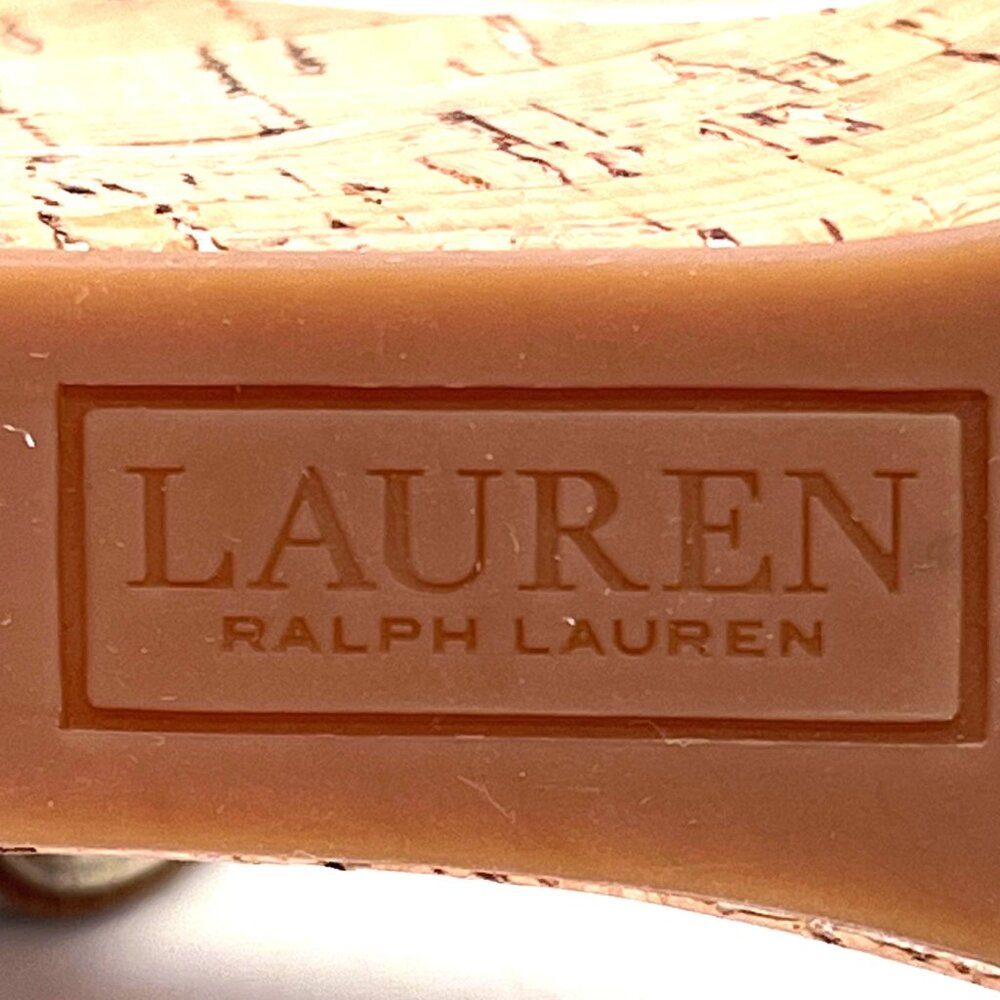 Lauren Ralph Lauren Gold Strappy Cork Wedge Sandals Womens 7.5 Adjustable Strap - Picture 6 of 14
